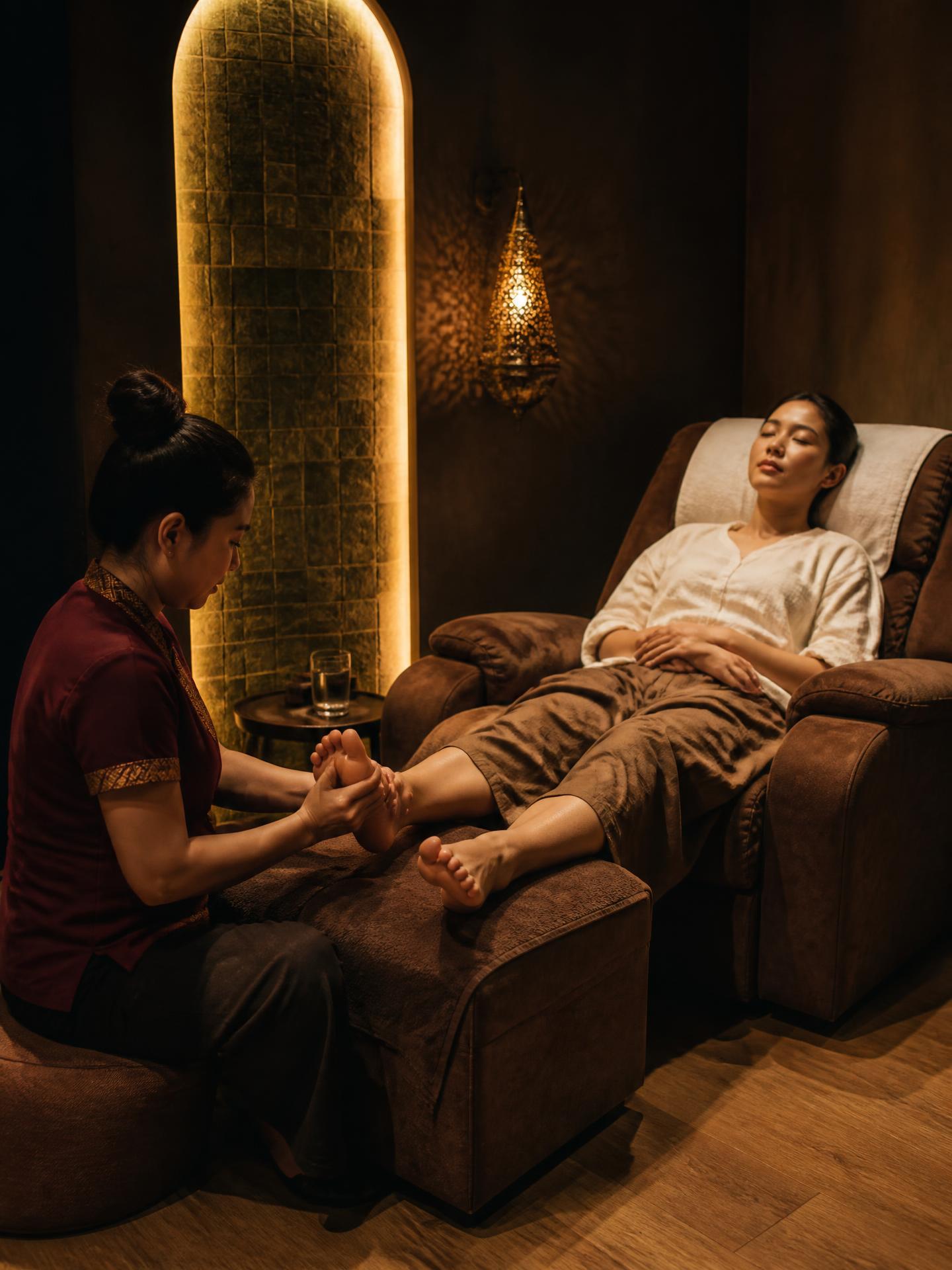 A Thai Oasis therapist performing a foot reflexology treatment on a guest reclining in a suede recliner beside a backlit arched niche