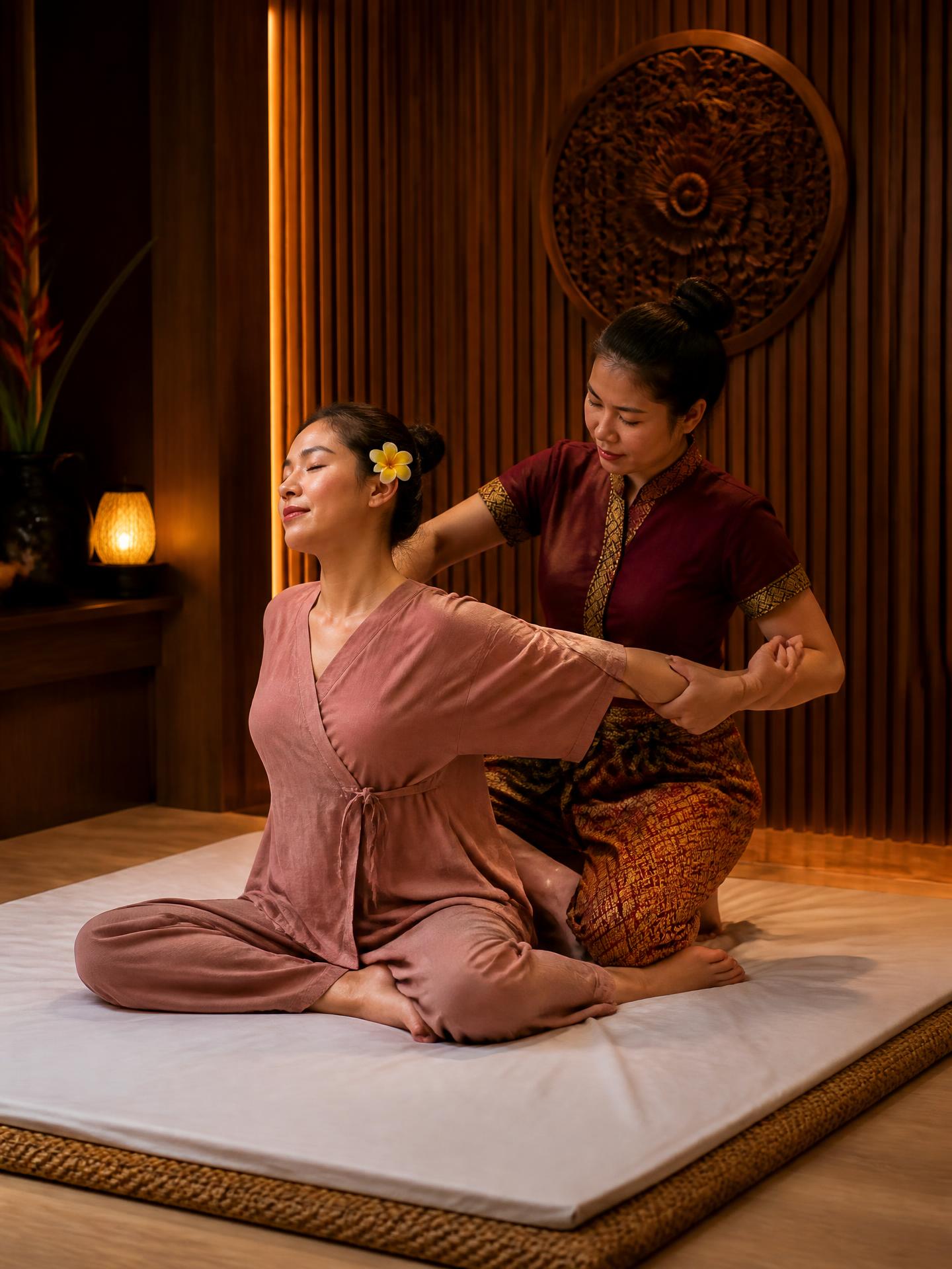 A Thai Oasis therapist in maroon and gold uniform performing an assisted stretch during a traditional Thai massage on a floor mat